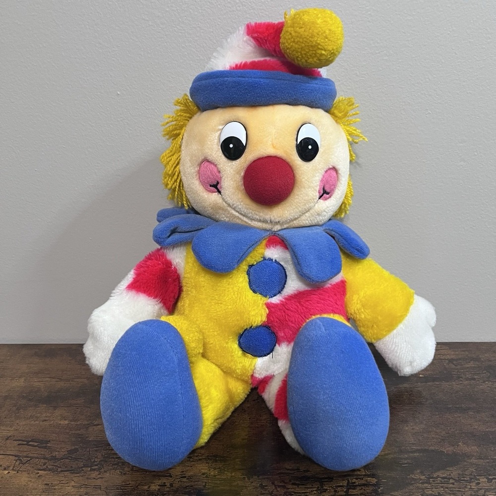 Vintage 1984 Dakin Fun Farm Clown 15" Plush Squeaker Color Block Red Yellow Blue